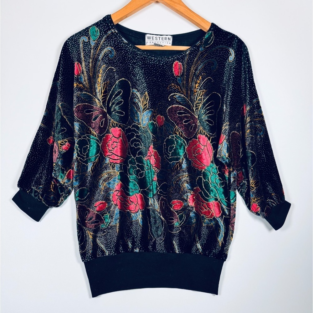 Vintage Western Connection Top Small Black Velvet Velour Floral Blouse‎ 90s